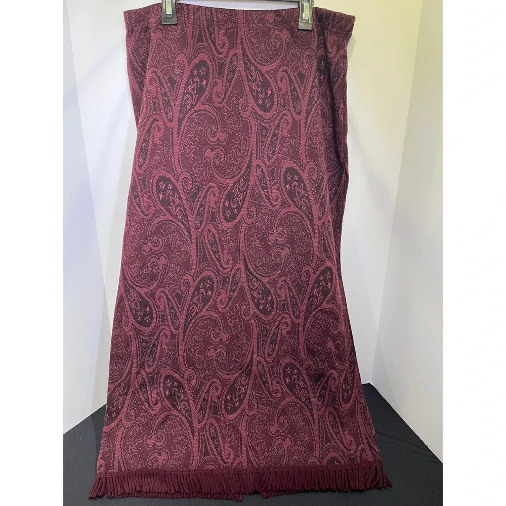 VTG Geoffrey Beene Burgundy Paisley Jacquard Knit Maxi Skirt Fringe Trim Size M